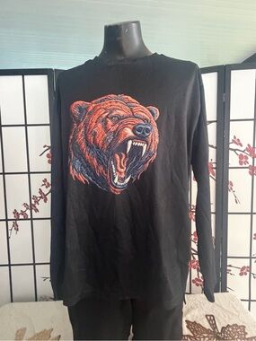 Men's Black Long-Sleeve Tee with Embroidered Orange Bear Graphic